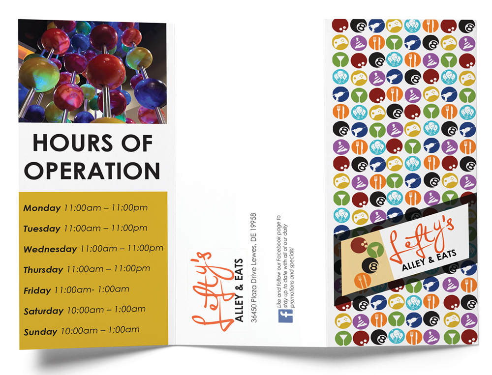 tri-fold brochure for lefty's alley and eats